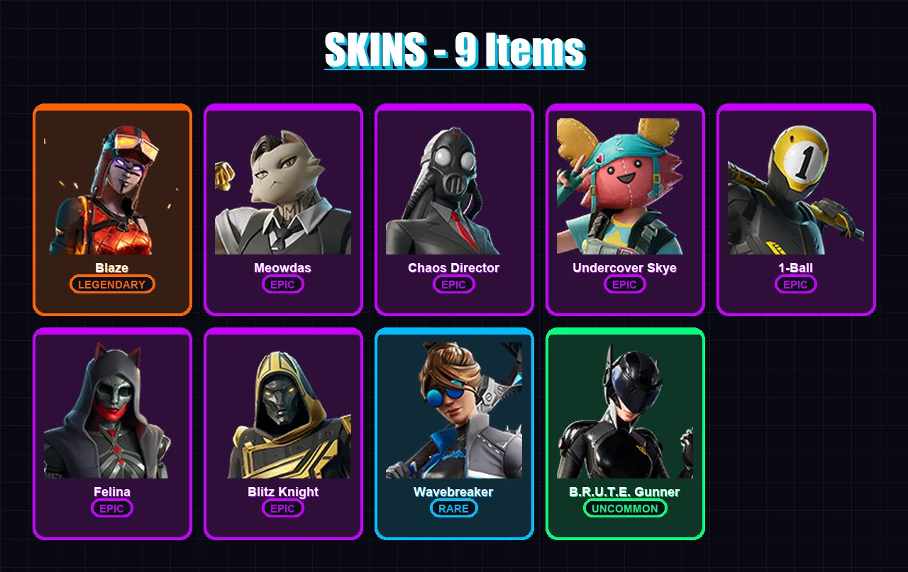 [PC/XBOX/PSN] | Blaze | Meowdas | Chaos Director | Undercover Skye | 1-Ball | 9 skin | 38 pickaxe | 13 emote | 24 glider | Lv201