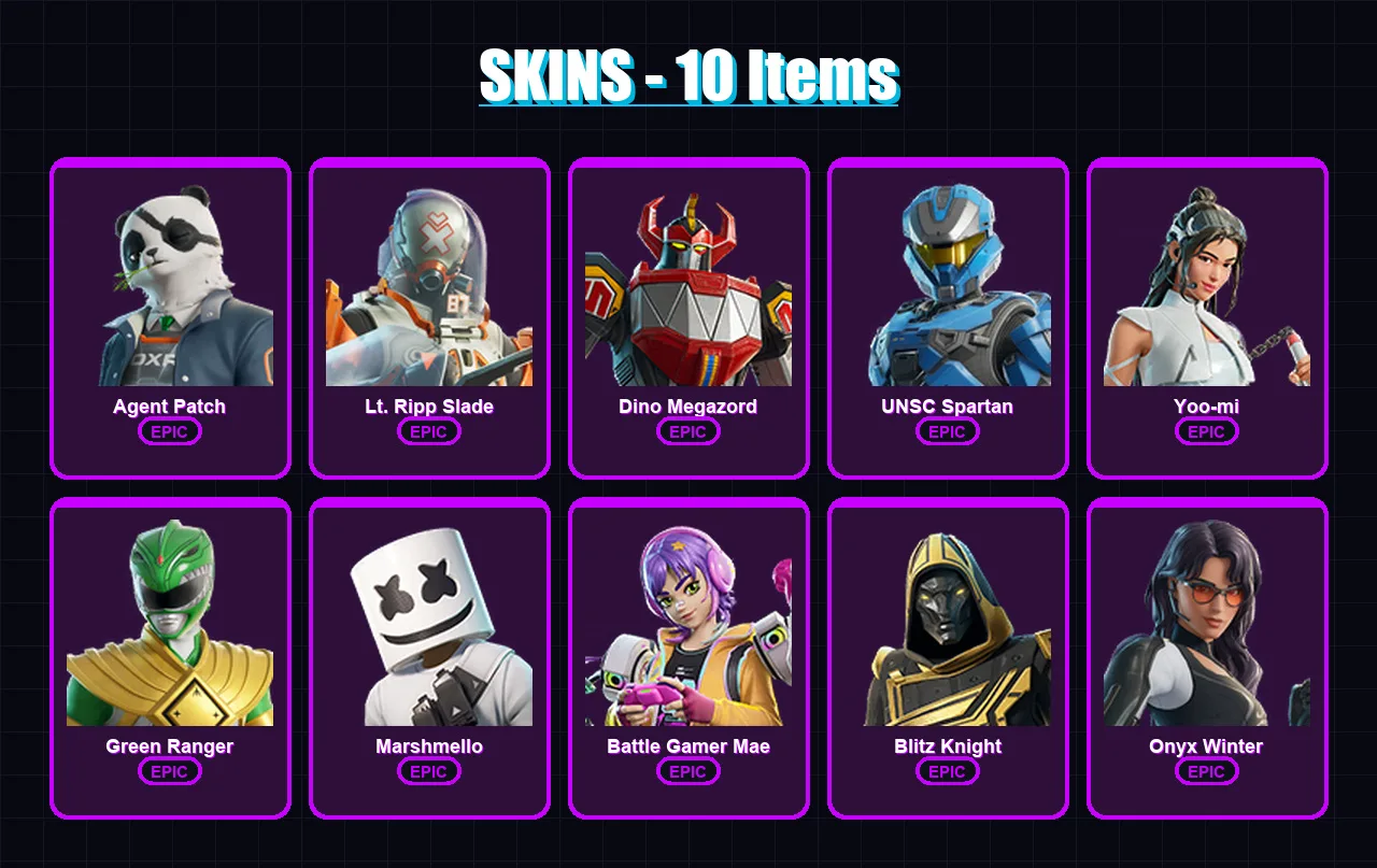 [PS4/PS5/XBOX/PC] | Agent Patch | Lt. Ripp Slade | Dino Megazord | UNSC Spartan | Yoo-mi | 10 skin | 33 pickaxe | 20 emote | 17 glider | Lv283