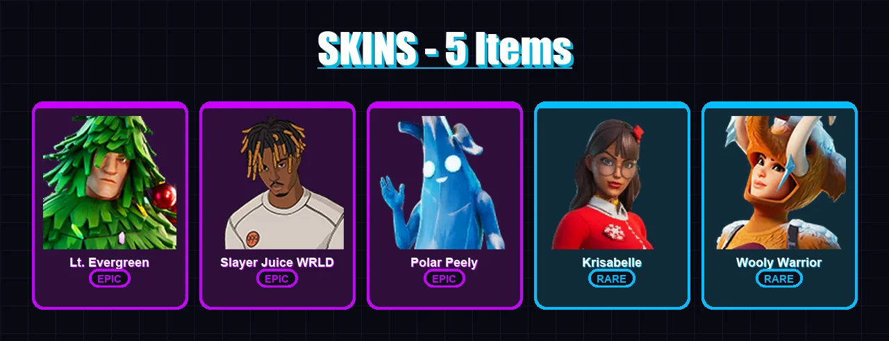 [PS4/PS5/XBOX/PC] | Lt. Evergreen | Slayer Juice WRLD | Polar Peely | Krisabelle | Wooly Warrior | 5 skin | 22 pickaxe | 31 emote | 31 glider | Lv50