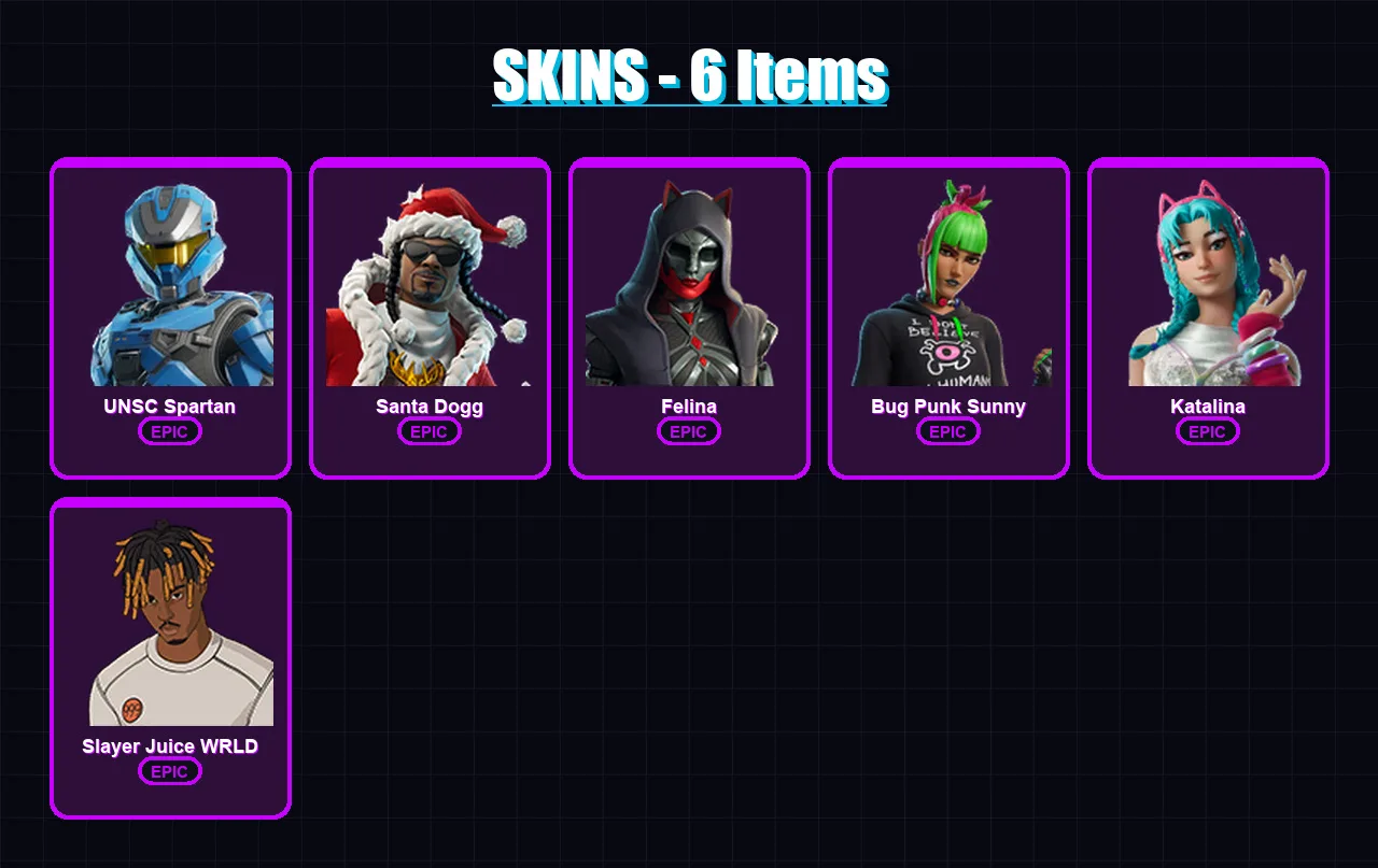 [PC/XBOX/PSN] | UNSC Spartan | Santa Dogg | Felina | Bug Punk Sunny | Katalina | 6 skin | 22 pickaxe | 10 emote | 17 glider | Lv226