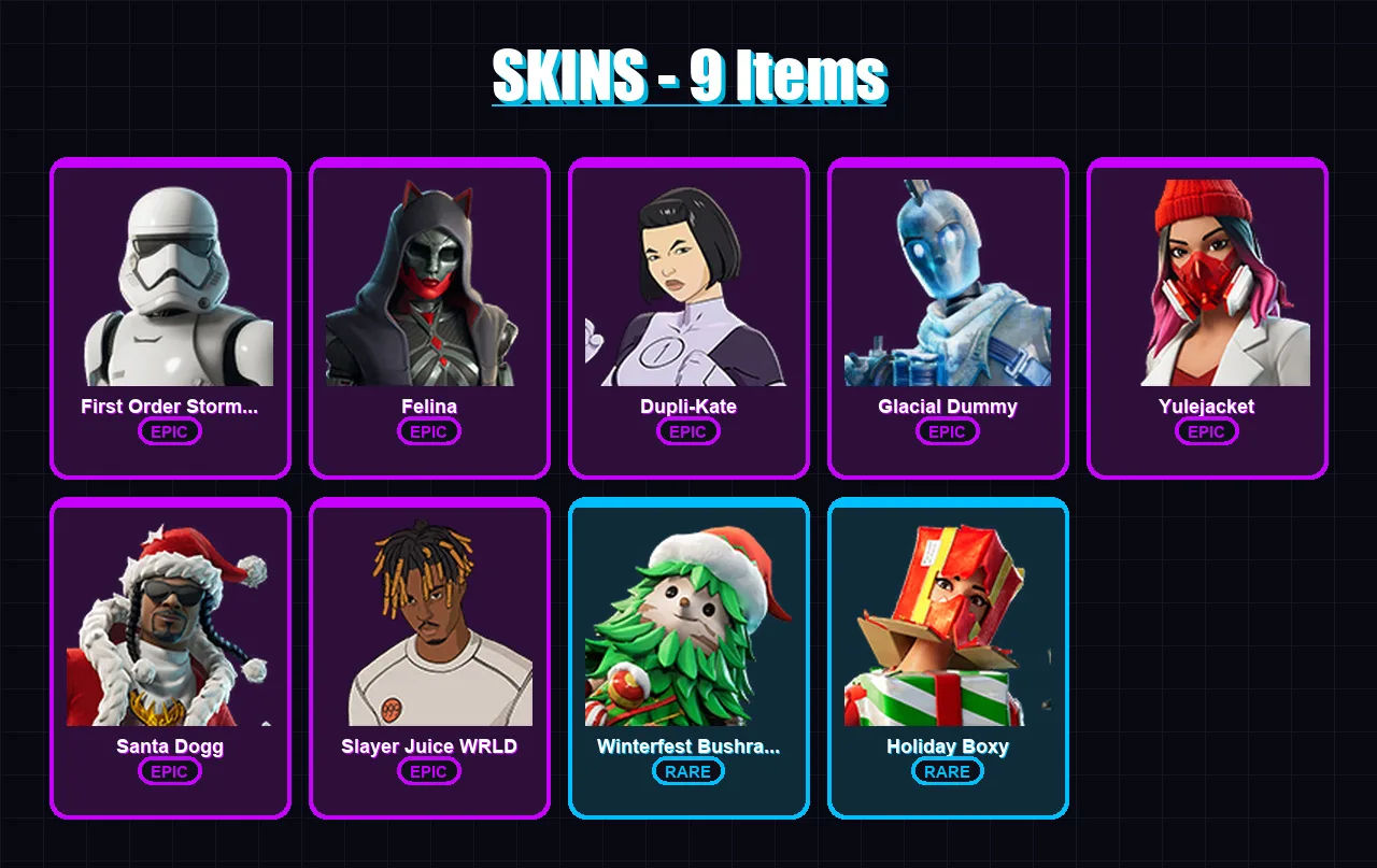 [PC/XBOX] | First Order Stormtrooper | Felina | Dupli-Kate | Glacial Dummy | Yulejacket | 9 skin | 46 pickaxe | 19 emote | 32 glider | Lv442
