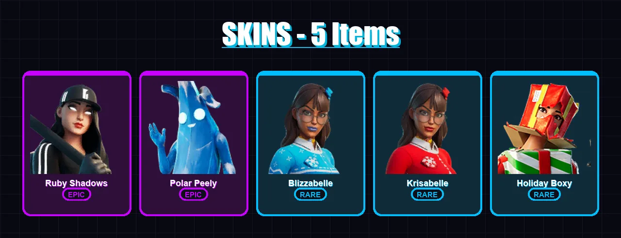 [PS4/PS5/XBOX/PC] | Ruby Shadows | Polar Peely | Blizzabelle | Krisabelle | Holiday Boxy | 5 skin | 25 pickaxe | 17 emote | 24 glider | Lv405