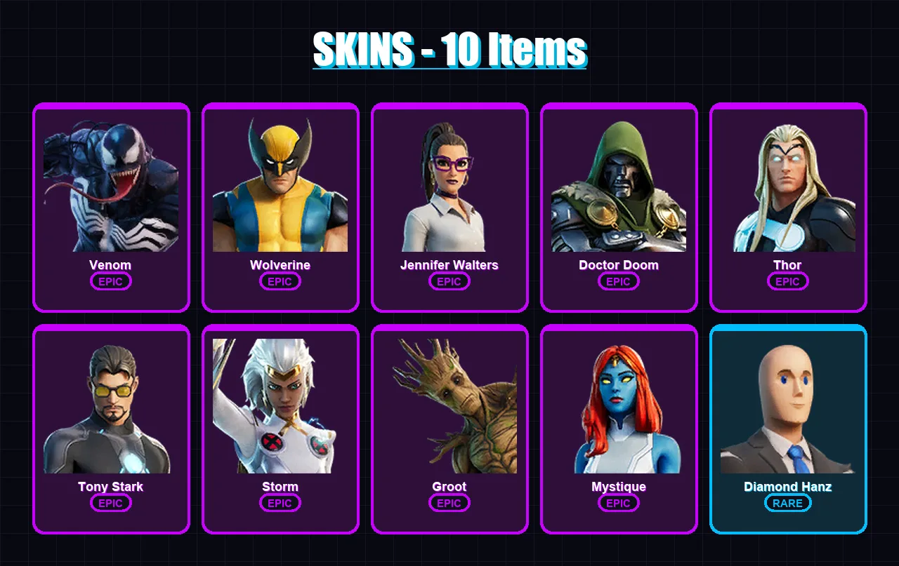 [PS4/PS5/XBOX/PC] | Venom | Wolverine | Jennifer Walters | Doctor Doom | Thor | 10 skin | 18 pickaxe | 18 emote | 15 glider | Lv259