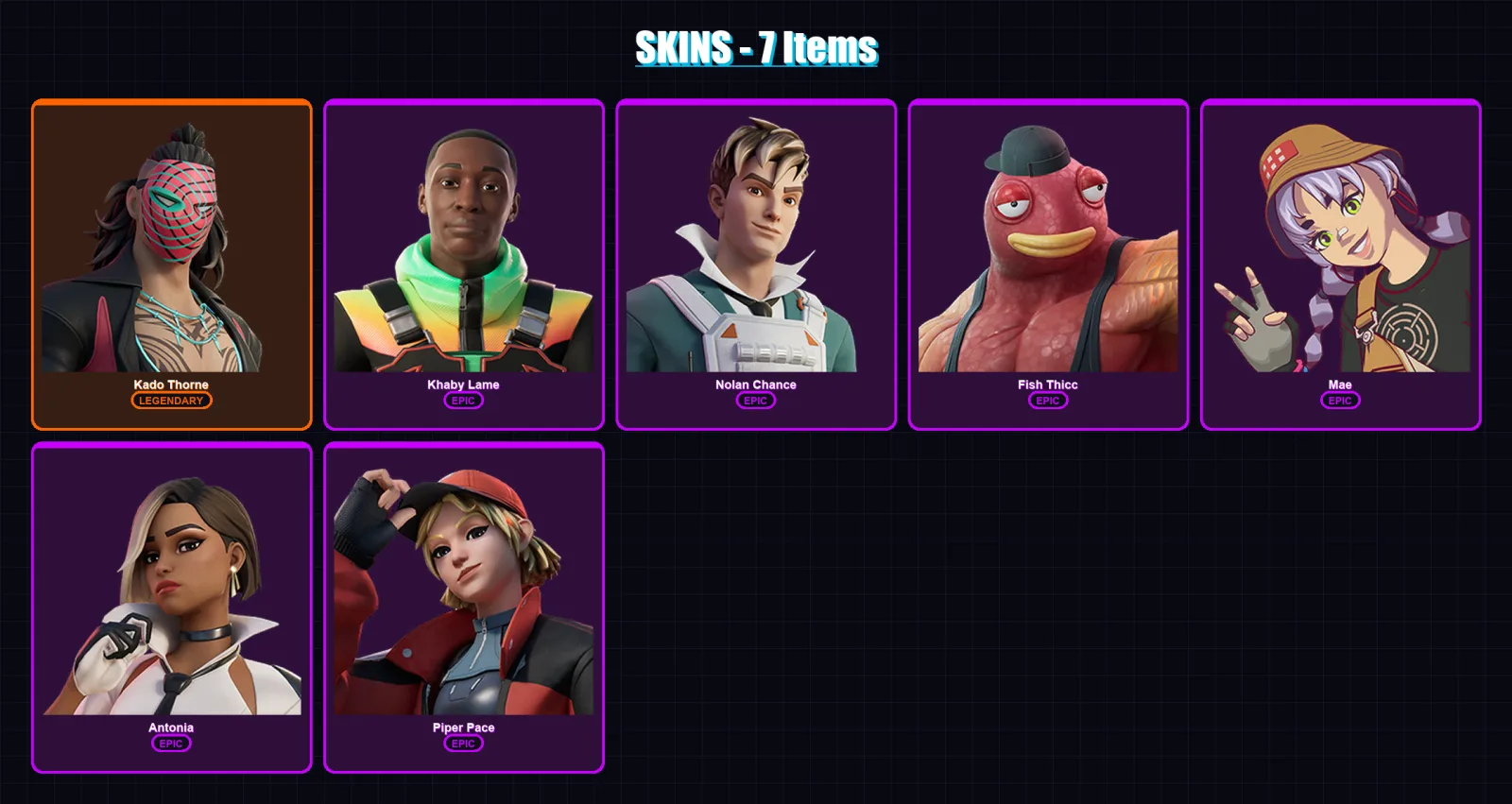 [PC/XBOX/PSN] | Kado Thorne | Khaby Lame | Nolan Chance | Fish Thicc | Mae | 7 skin | 12 pickaxe | 11 emote | 12 glider | Lv145