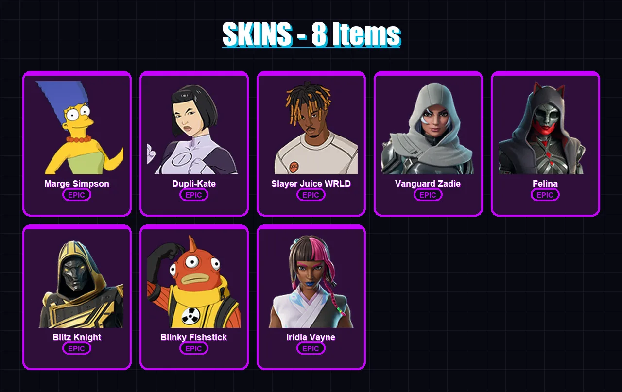 [PS4/PS5/XBOX/PC] | Marge Simpson | Dupli-Kate | Slayer Juice WRLD | Vanguard Zadie | Felina | 8 skin | 86 pickaxe | 35 emote | 57 glider | Lv1085