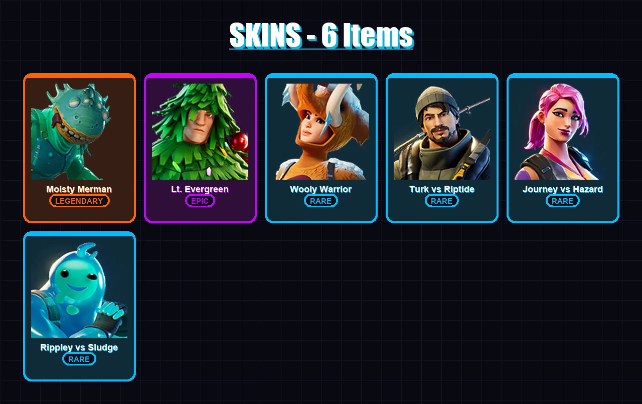 [PC/XBOX] | Moisty Merman | Lt. Evergreen | Wooly Warrior | Turk vs Riptide | Journey vs Hazard | 6 skin | 8 pickaxe | 12 emote | 10 glider | Lv143