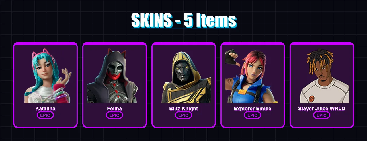 [PC/PSN] | Katalina | Felina | Blitz Knight | Explorer Emilie | Slayer Juice WRLD | 5 skin | 17 pickaxe | 8 emote | 10 glider | Lv147