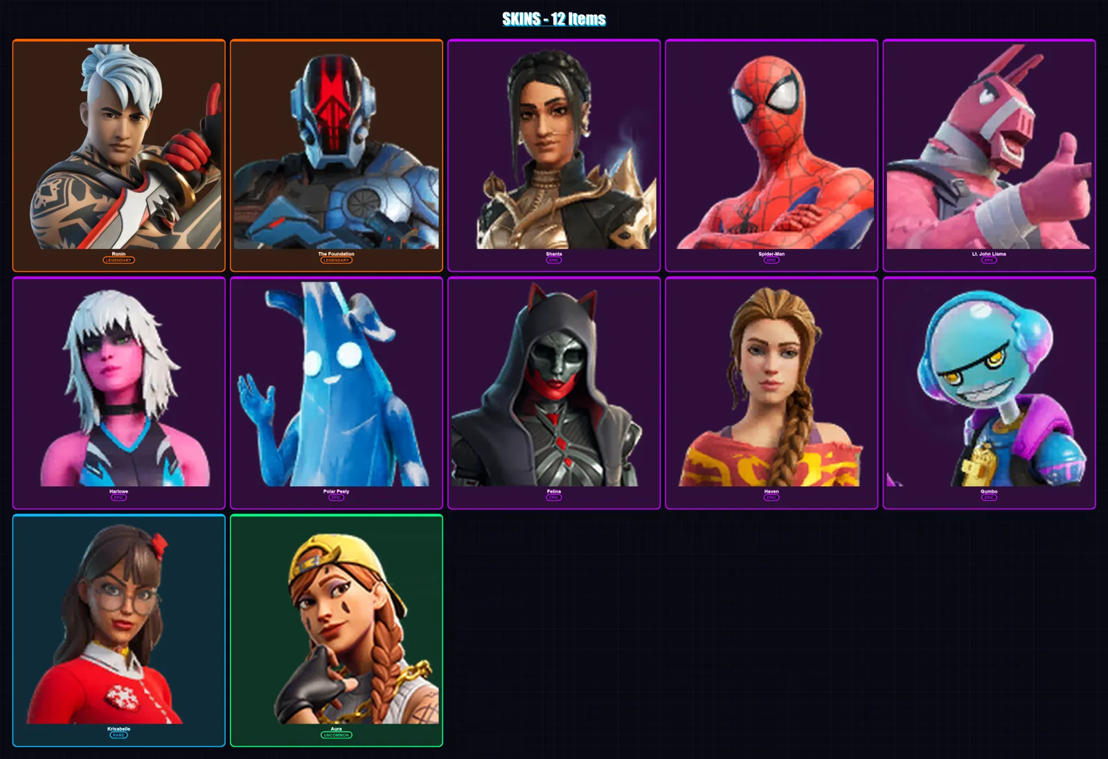[PC/XBOX/PSN] | Ronin | The Foundation | Shanta | Spider-Man | Lt. John Llama | 12 skin | 33 pickaxe | 21 emote | 29 glider | Lv596 — Fortnite account