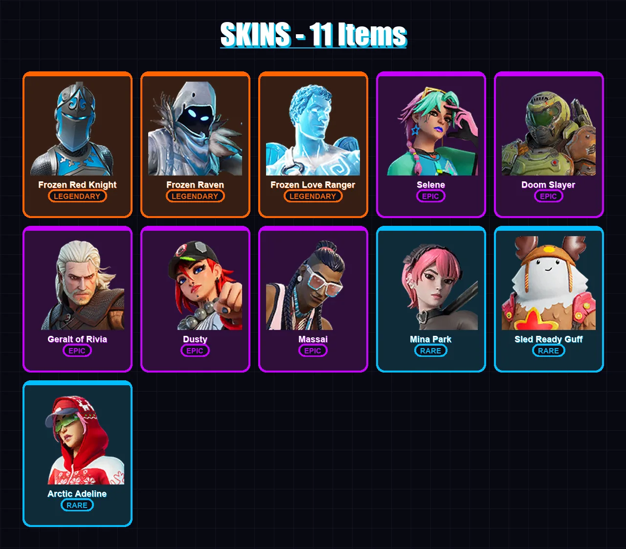 [PS4/PS5/PC] | Frozen Red Knight | Frozen Raven | Frozen Love Ranger | Selene | Doom Slayer | 11 skin | 13 pickaxe | 12 emote | 14 glider | Lv114