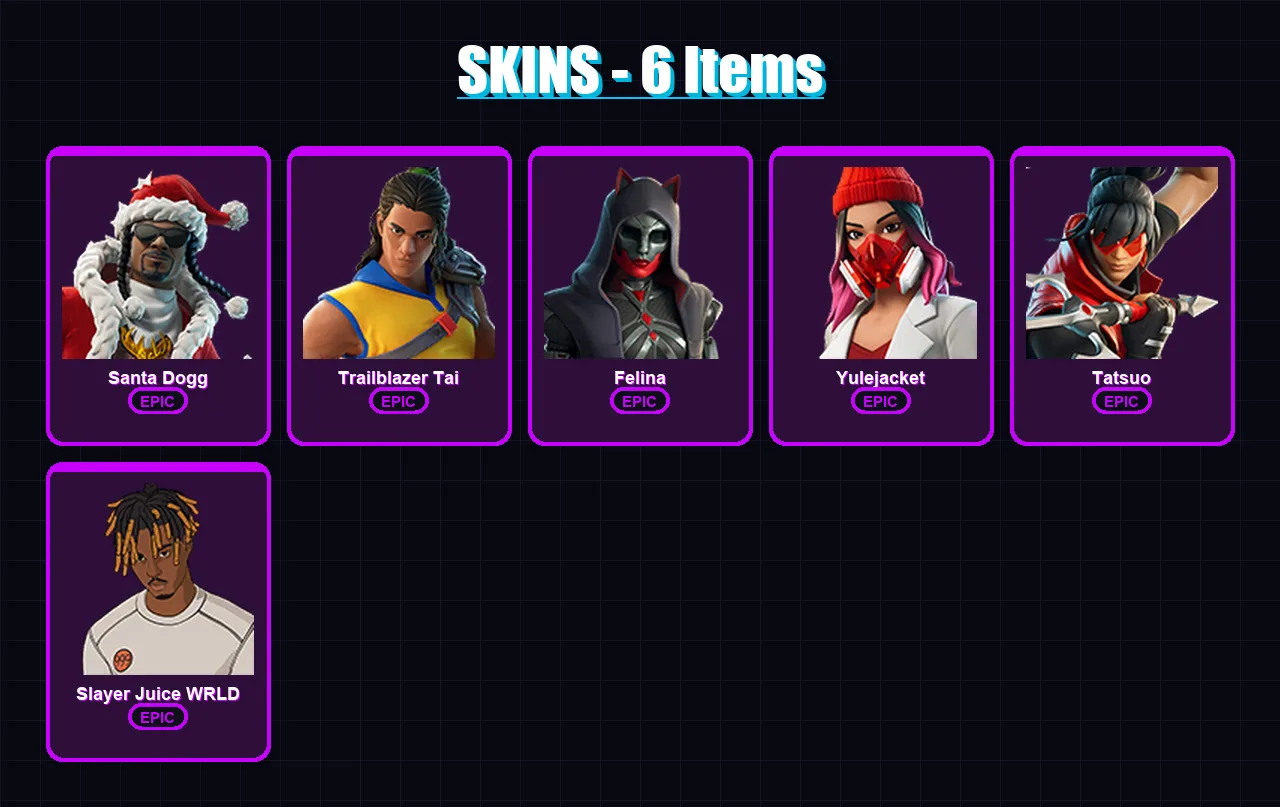 [PC/XBOX/PSN] | Santa Dogg | Trailblazer Tai | Felina | Yulejacket | Tatsuo | 6 skin | 19 pickaxe | 9 emote | 12 glider | Lv206