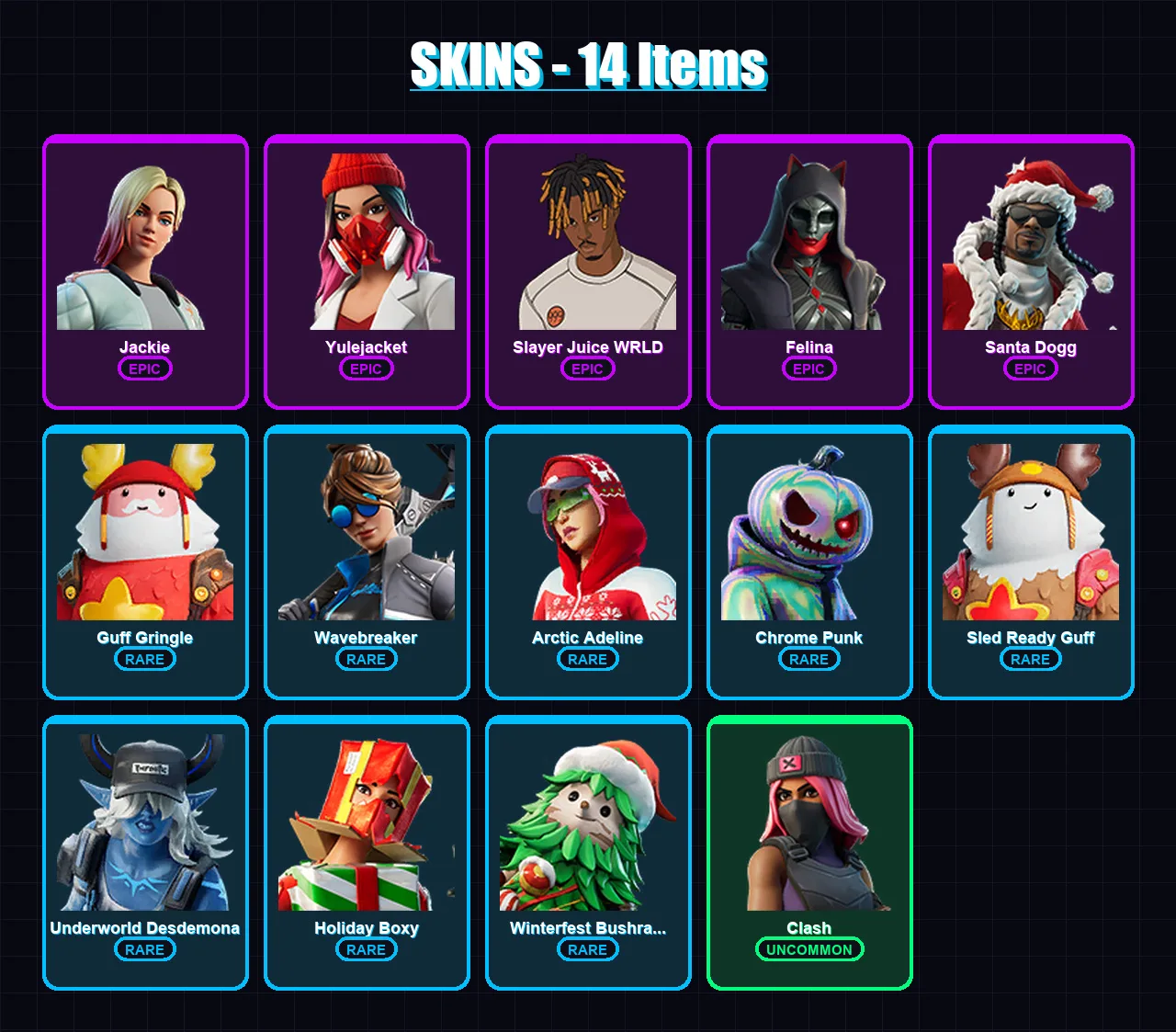 [PC/XBOX/PSN] | Jackie | Yulejacket | Slayer Juice WRLD | Felina | Santa Dogg | 14 skin | 47 pickaxe | 26 emote | 43 glider | Lv549