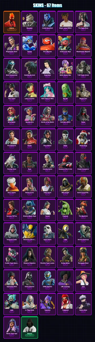 [PC/XBOX] | Inferno | Meowdas | Cobalt Snowfoot | Slayer Juice WRLD | The Night Rose | 67 skin | 123 pickaxe | 87 emote | 79 glider | Lv1639