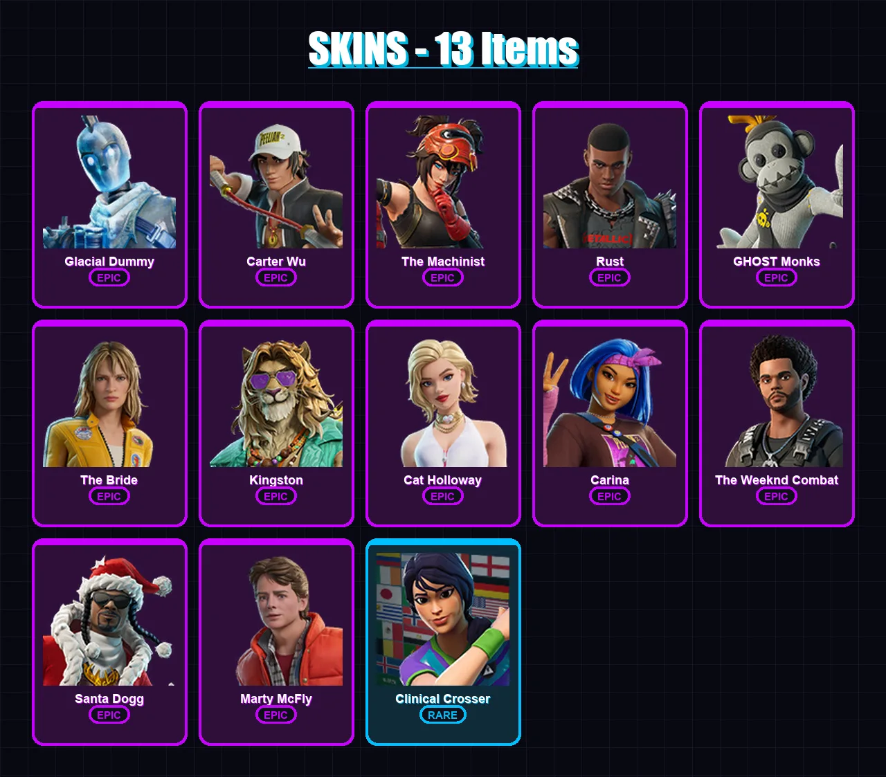 [PC/XBOX/PSN] | Glacial Dummy | Carter Wu | The Machinist | Rust | GHOST Monks | 13 skin | 34 pickaxe | 25 emote | 35 glider | Lv464
