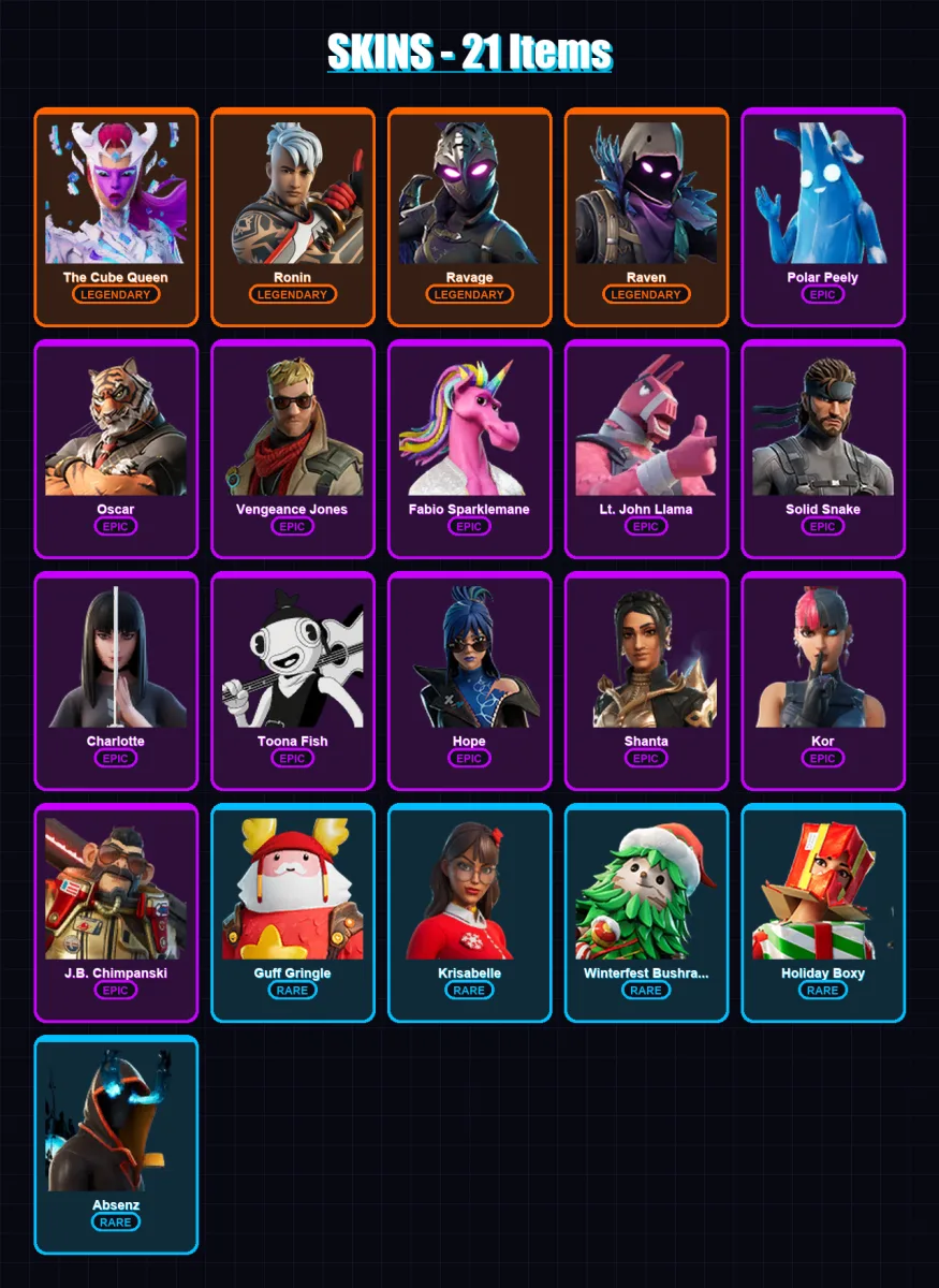 [PC/PSN] | The Cube Queen | Ronin | Ravage | Raven | Polar Peely | 21 skin | 24 pickaxe | 24 emote | 30 glider | Lv279