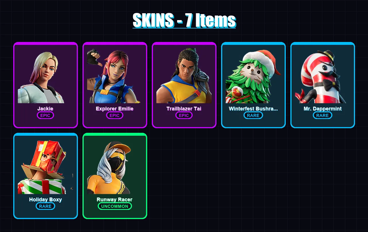 [PC/XBOX/PSN] | Jackie | Explorer Emilie | Trailblazer Tai | Winterfest Bushranger | Mr. Dappermint | 7 skin | 9 pickaxe | 10 emote | 9 glider | Lv1