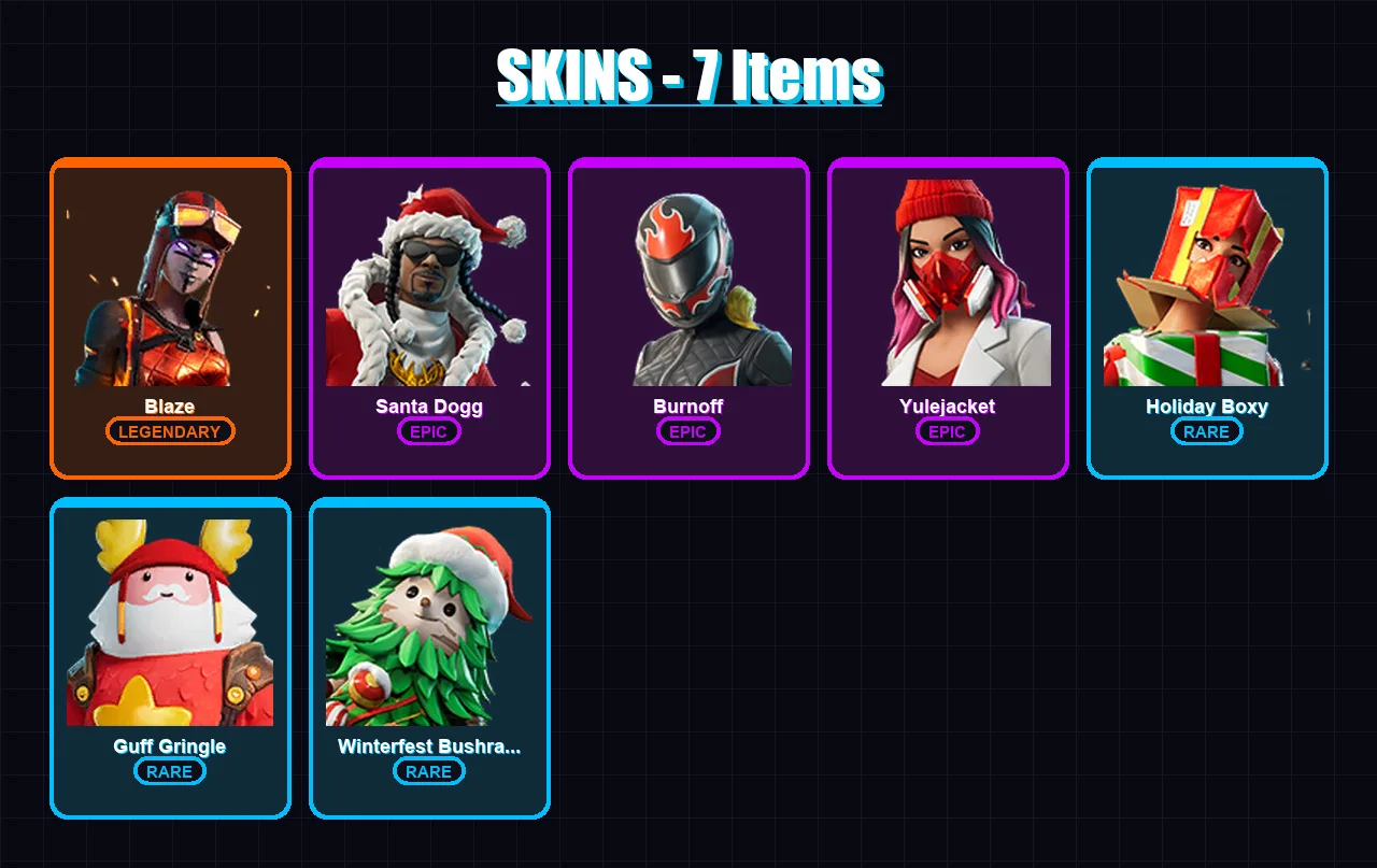 [PC/XBOX/PSN] | Blaze | Santa Dogg | Burnoff | Yulejacket | Holiday Boxy | 7 skin | 34 pickaxe | 13 emote | 28 glider | Lv424