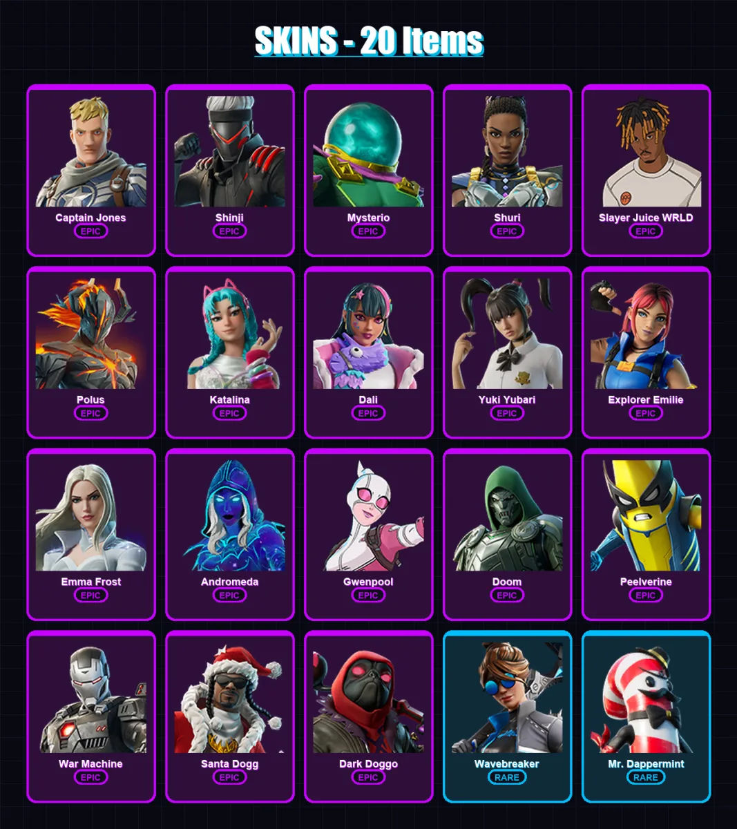[PS4/PS5/XBOX/PC] | Captain Jones | Shinji | Mysterio | Shuri | Slayer Juice WRLD | 20 skin | 46 pickaxe | 19 emote | 21 glider | Lv218