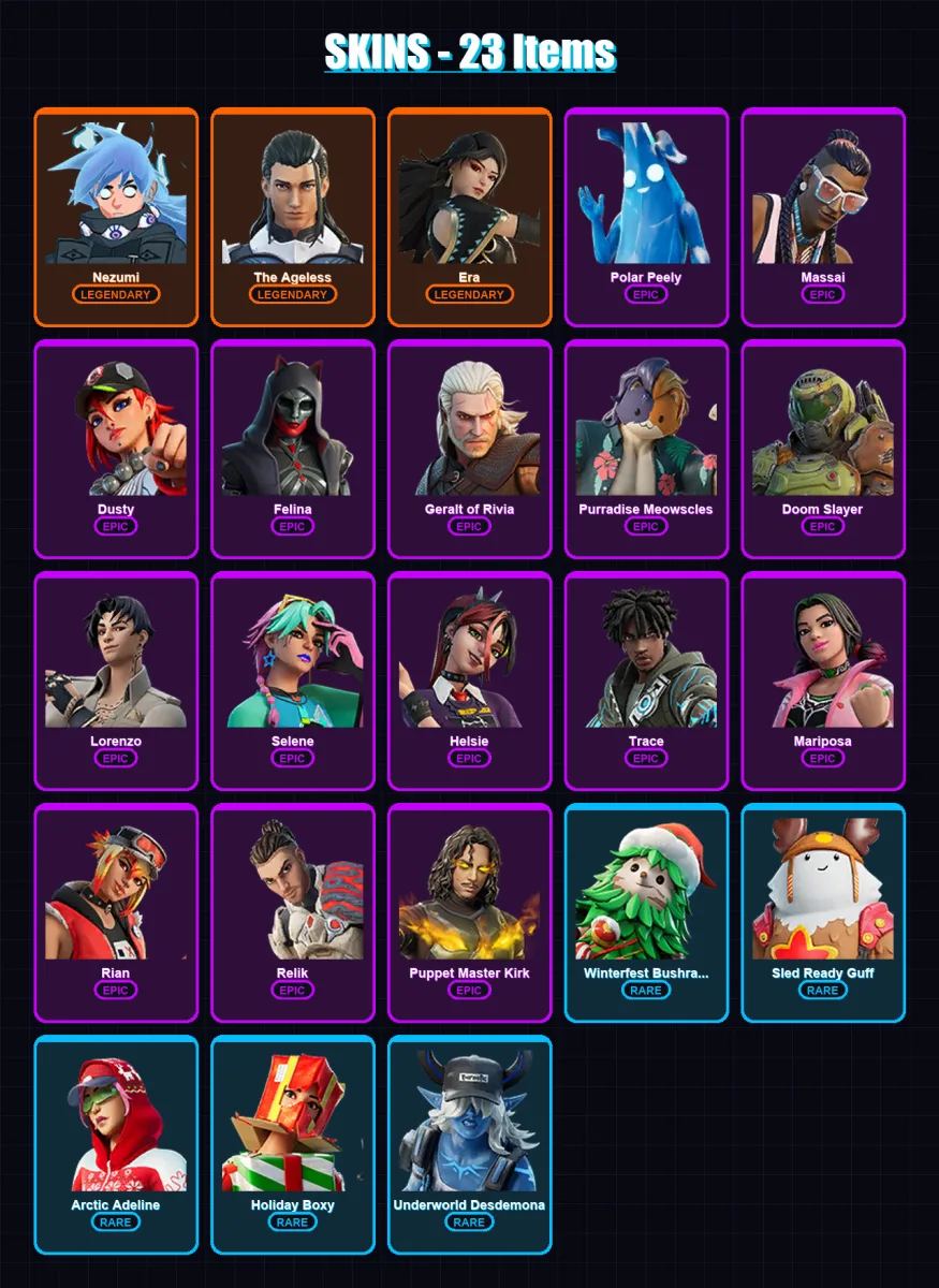 [PC/XBOX/PSN] | Nezumi | The Ageless | Era | Polar Peely | Massai | 23 skin | 41 pickaxe | 31 emote | 47 glider | Lv658