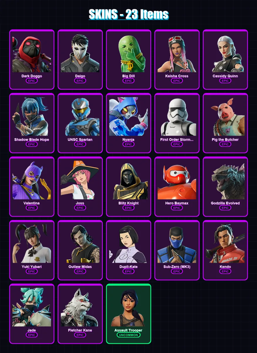 [PS4/PS5/XBOX/PC] | Dark Doggo | Daigo | Big Dill | Keisha Cross | Cassidy Quinn | 23 skin | 60 pickaxe | 32 emote | 41 glider | Lv533
