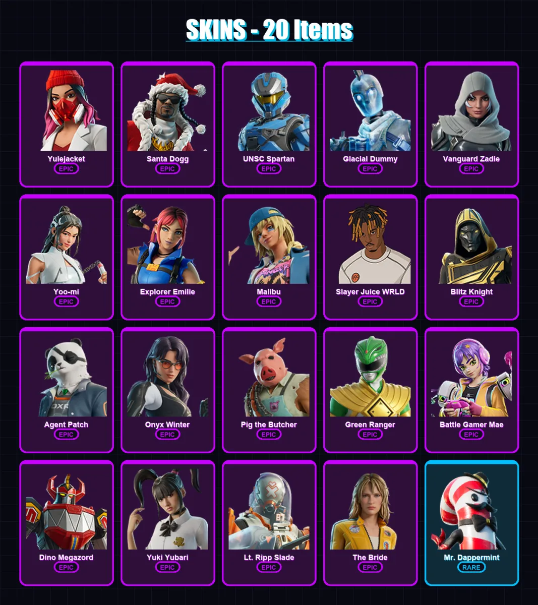 [SWITCH/XBOX/PC] | Yulejacket | Santa Dogg | UNSC Spartan | Glacial Dummy | Vanguard Zadie | 20 skin | 70 pickaxe | 29 emote | 38 glider | Lv587