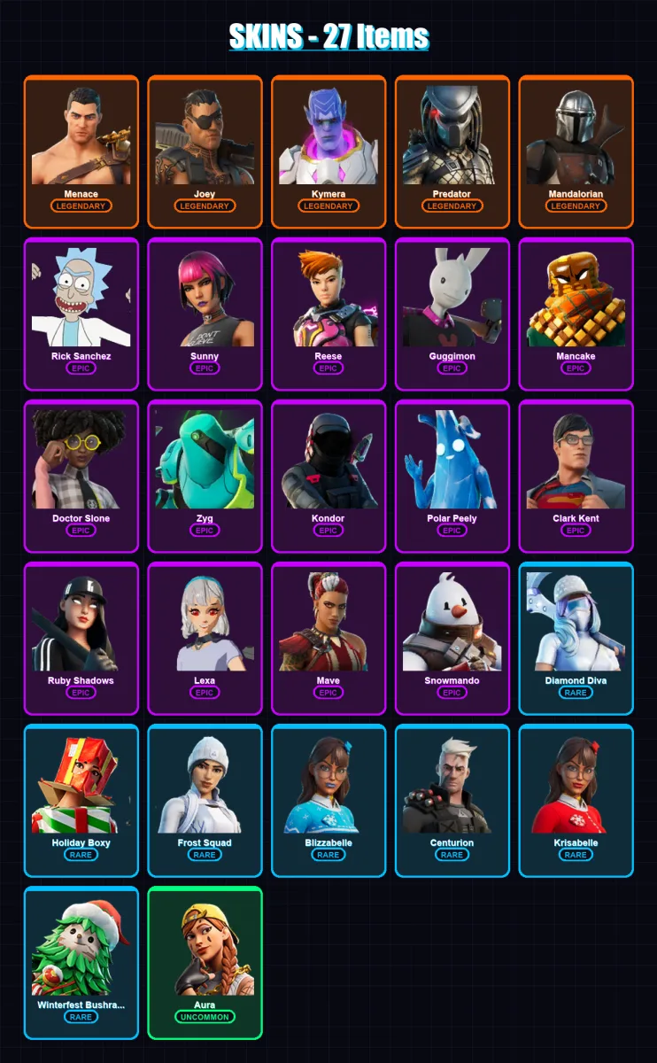 [PC/XBOX/PSN] | Menace | Joey | Kymera | Predator | Mandalorian | 27 skin | 42 pickaxe | 34 emote | 38 glider | Lv670