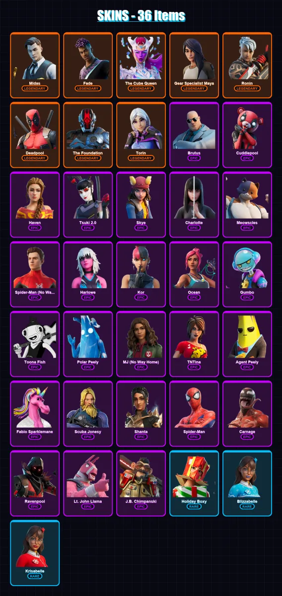 [PC/PSN] | Midas | Fade | The Cube Queen | Gear Specialist Maya | Ronin | 36 skin | 46 pickaxe | 38 emote | 44 glider | Lv542