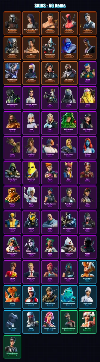 [PC/XBOX/PSN] | Mandalorian | Gear Specialist Maya | Menace | Deadpool | Midas | 66 skin | 68 pickaxe | 55 emote | 69 glider | Lv1137