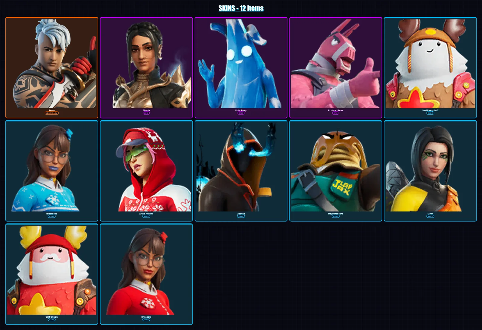 [PC/XBOX/PSN] | Ronin | Shanta | Polar Peely | Lt. John Llama | Sled Ready Guff | 12 skin | 14 pickaxe | 11 emote | 15 glider | Lv95