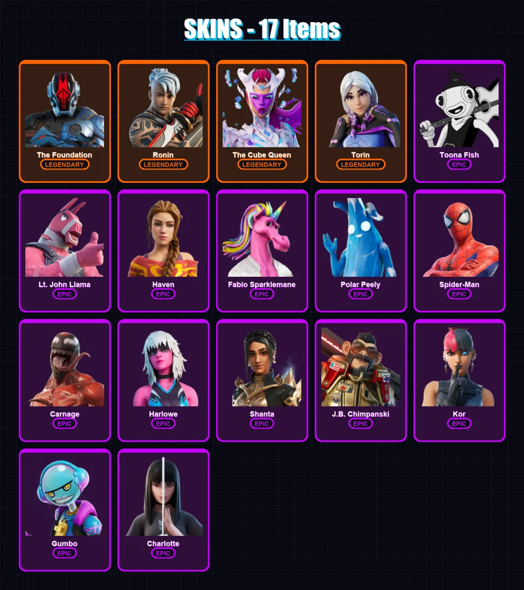 [PC/XBOX/PSN] | The Foundation | Ronin | The Cube Queen | Torin | Toona Fish | 17 skin | 30 pickaxe | 23 emote | 29 glider | Lv407