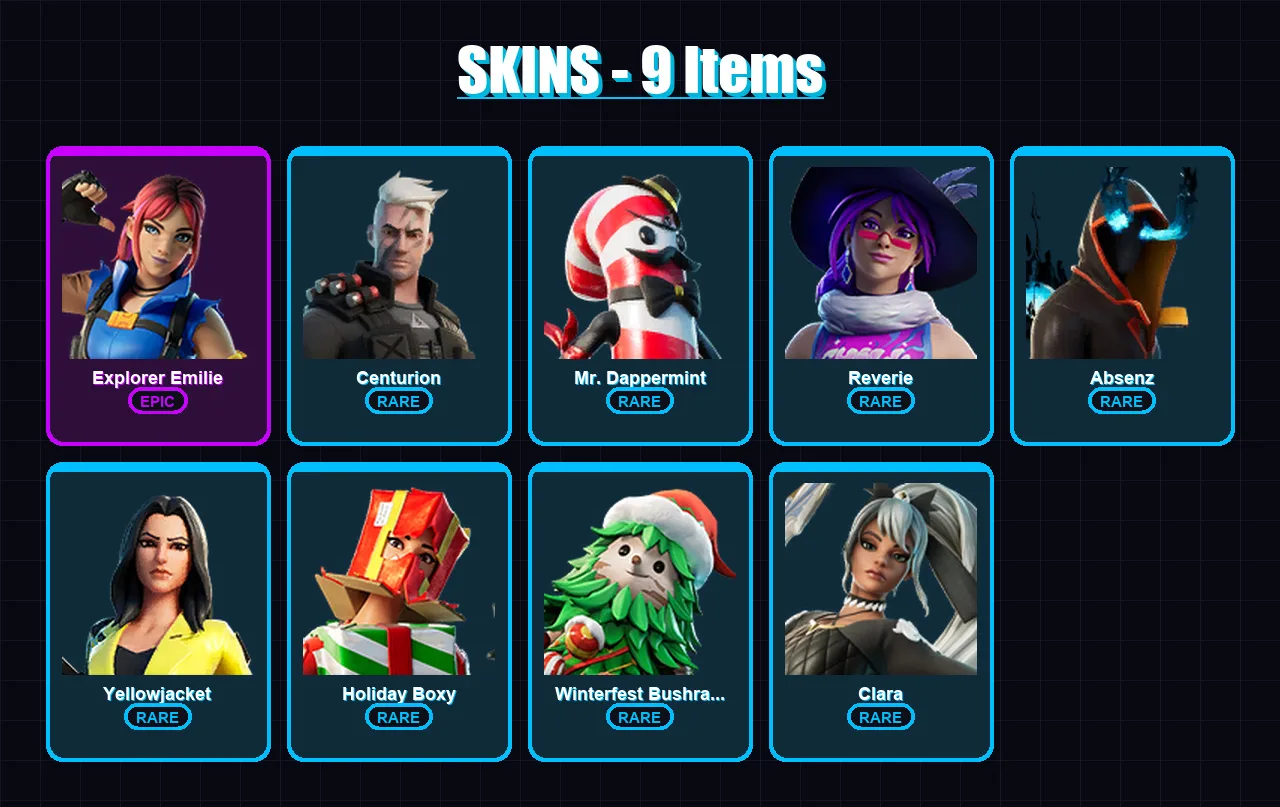 [PC/XBOX/PSN] | Explorer Emilie | Centurion | Mr. Dappermint | Reverie | Absenz | 9 skin | 21 pickaxe | 12 emote | 17 glider | Lv304