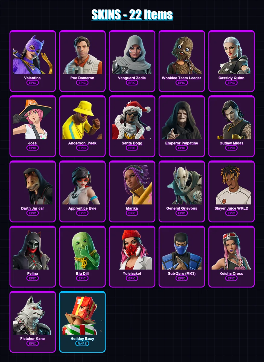 [PC/PSN] | Valentina | Poe Dameron | Vanguard Zadie | Wookiee Team Leader | Cassidy Quinn | 22 skin | 57 pickaxe | 33 emote | 42 glider | Lv743