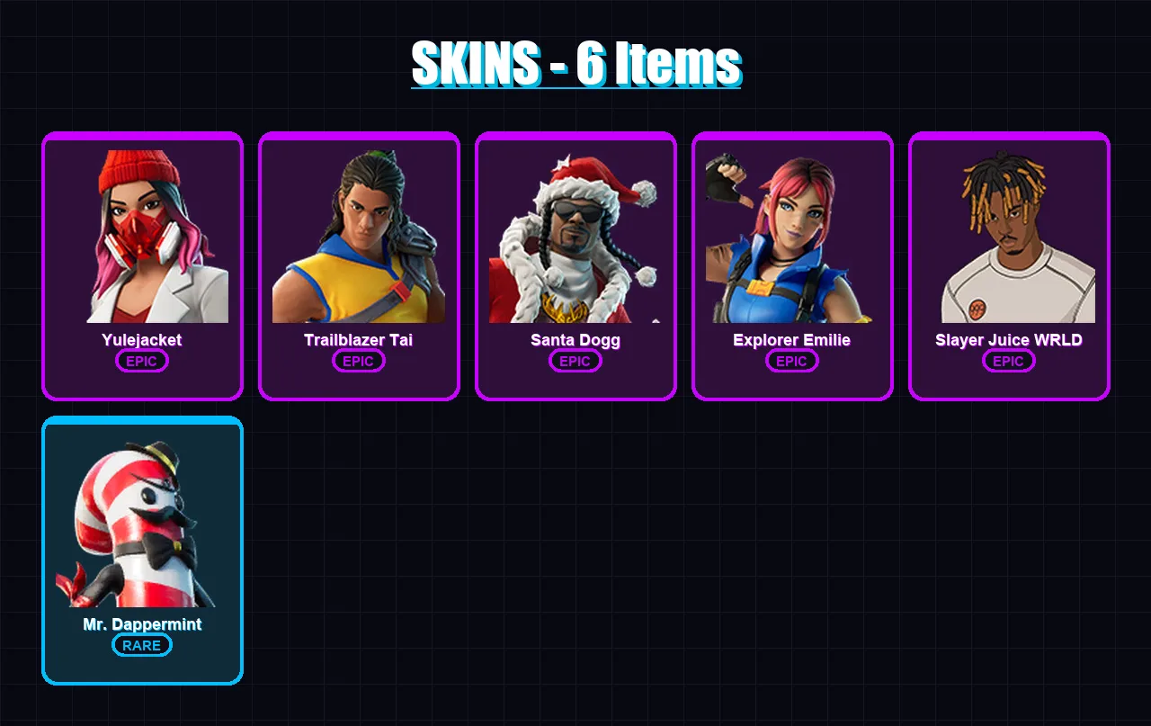 [PC/XBOX/PSN] | Yulejacket | Trailblazer Tai | Santa Dogg | Explorer Emilie | Slayer Juice WRLD | 6 skin | 14 pickaxe | 7 emote | 11 glider | Lv204