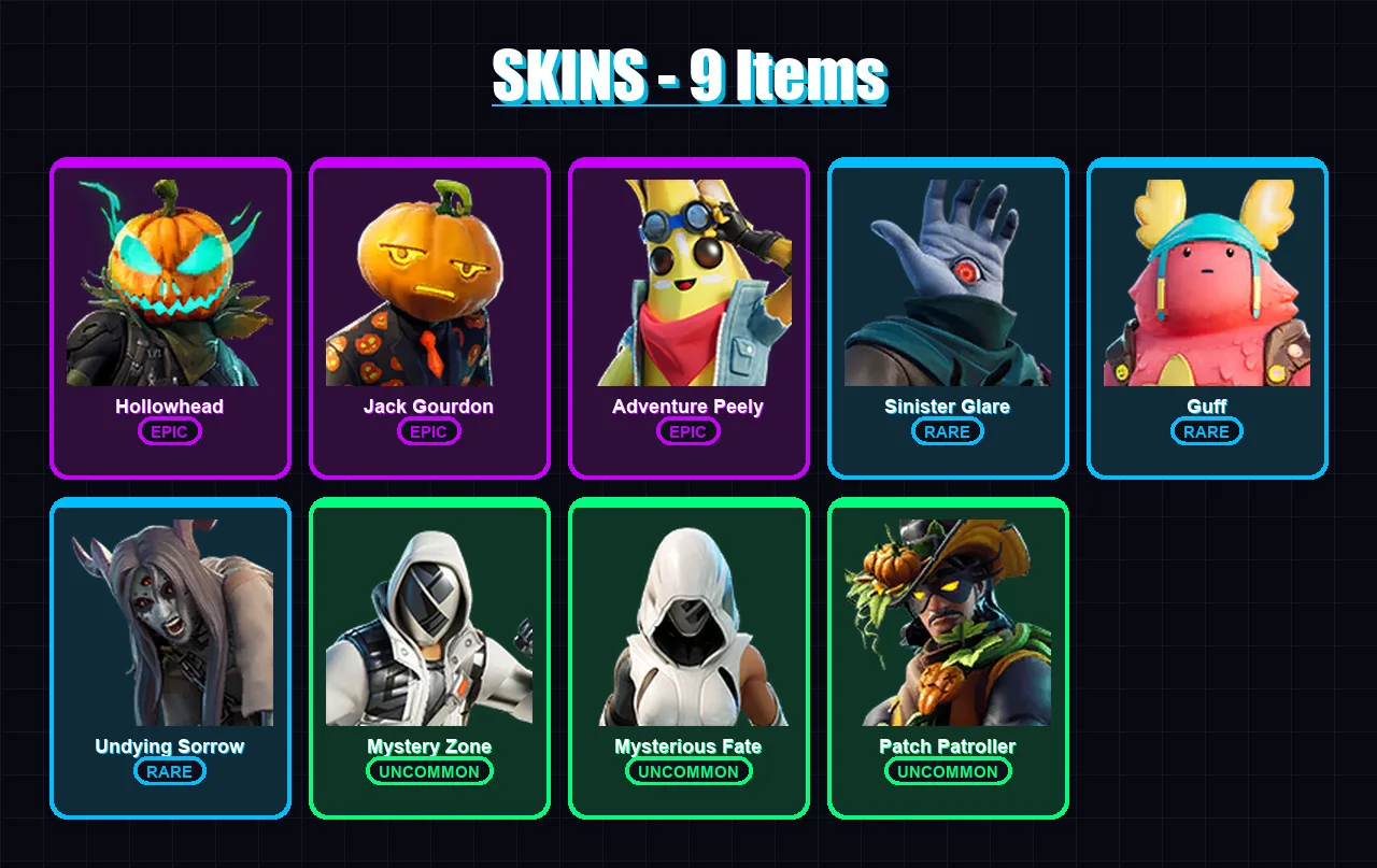 [PC/XBOX/PSN] | Hollowhead | Jack Gourdon | Adventure Peely | Sinister Glare | Guff | 9 skin | 11 pickaxe | 4 emote | 5 glider | Lv28