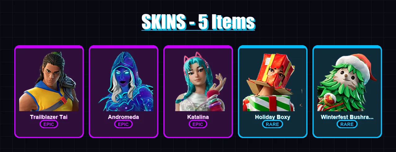 [PC/XBOX] | Trailblazer Tai | Andromeda | Katalina | Holiday Boxy | Winterfest Bushranger | 5 skin | 5 pickaxe | 2 emote | 3 glider | Lv59