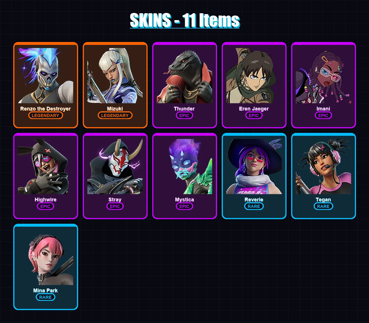 [PC/XBOX/PSN] | Renzo the Destroyer | Mizuki | Thunder | Eren Jaeger | Imani | 11 skin | 18 pickaxe | 20 emote | 18 glider | Lv203