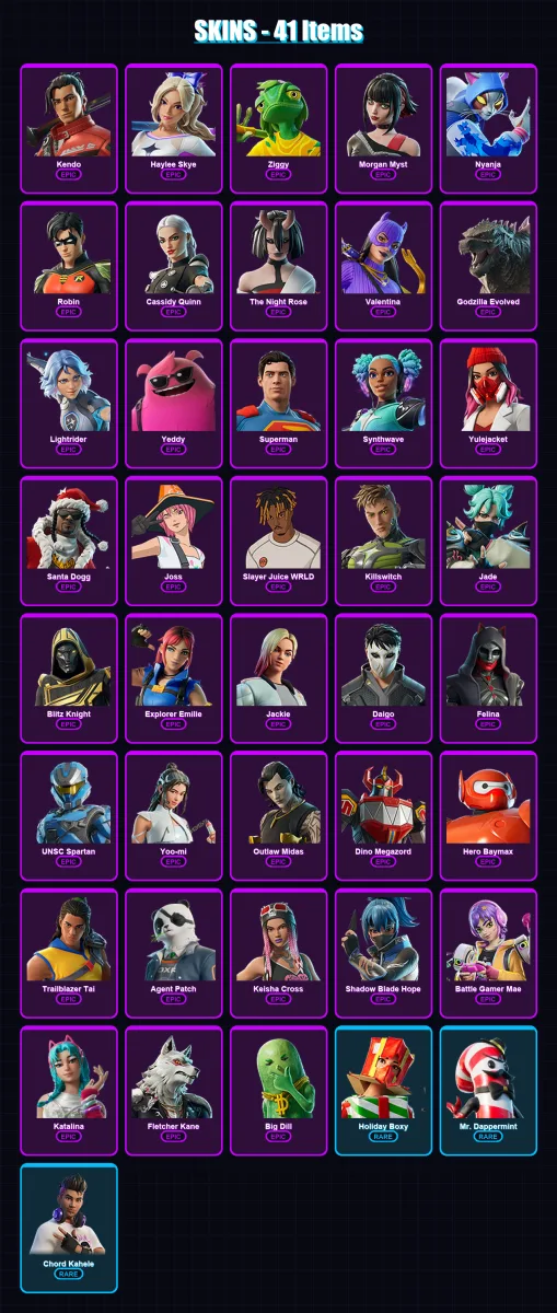 [PC/XBOX/PSN] | Kendo | Haylee Skye | Ziggy | Morgan Myst | Nyanja | 41 skin | 86 pickaxe | 51 emote | 58 glider | Lv1217