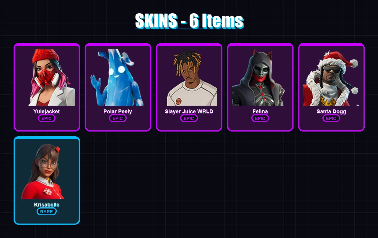 [SWITCH/XBOX/PSN/PC] | Yulejacket | Polar Peely | Slayer Juice WRLD | Felina | Santa Dogg | 6 skin | 29 pickaxe | 21 emote | 20 glider | Lv385