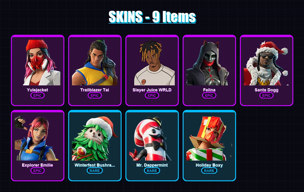 [PC/PSN] | Yulejacket | Trailblazer Tai | Slayer Juice WRLD | Felina | Santa Dogg | 9 skin | 38 pickaxe | 14 emote | 23 glider | Lv352