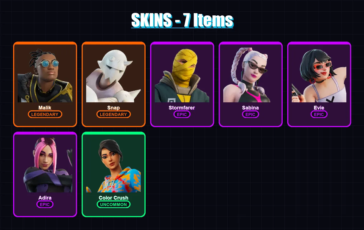 [PC/PSN] | Malik | Snap | Stormfarer | Sabina | Evie | 7 skin | 21 pickaxe | 16 emote | 21 glider | Lv263