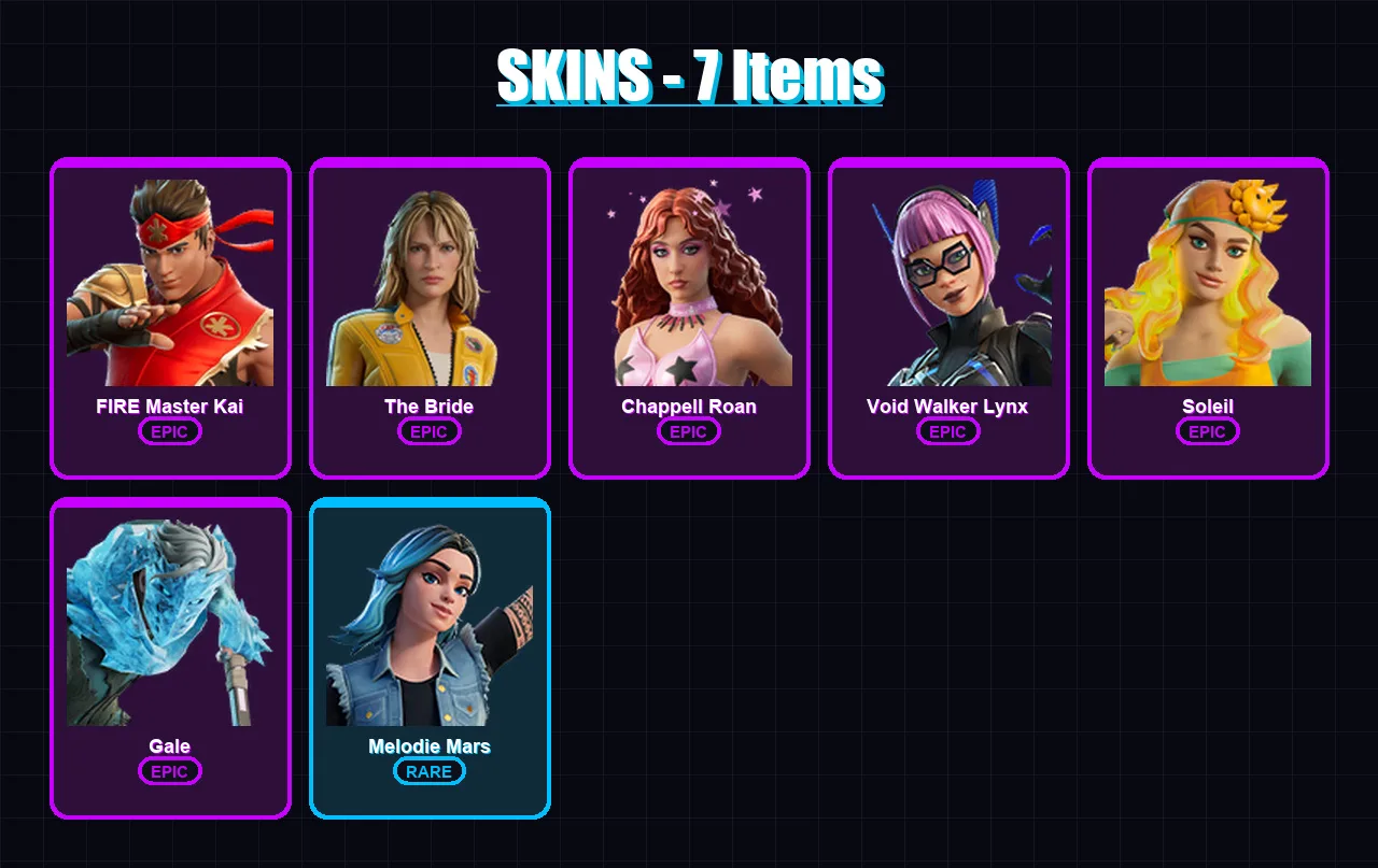 [PC/XBOX/PSN] | FIRE Master Kai | The Bride | Chappell Roan | Void Walker Lynx | Soleil | 7 skin | 6 pickaxe | 5 emote | 7 glider | Lv82