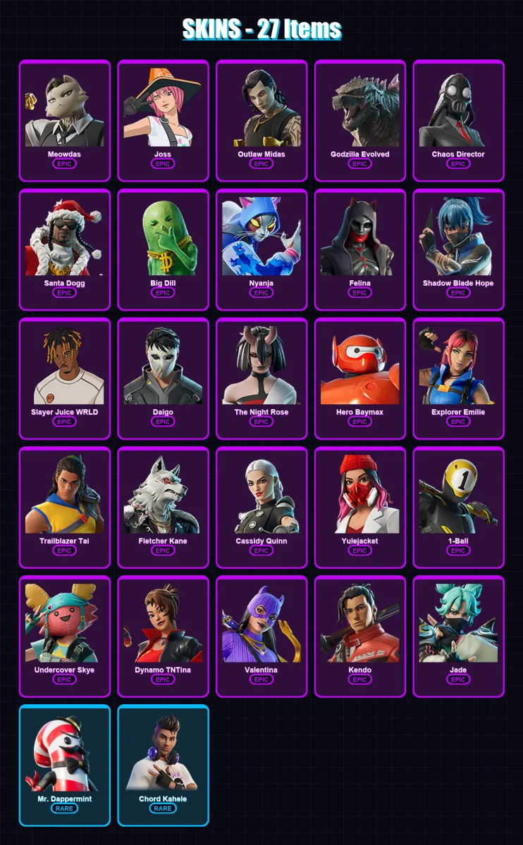 [PC/XBOX/PSN] | Meowdas | Joss | Outlaw Midas | Godzilla Evolved | Chaos Director | 27 skin | 64 pickaxe | 38 emote | 45 glider | Lv752