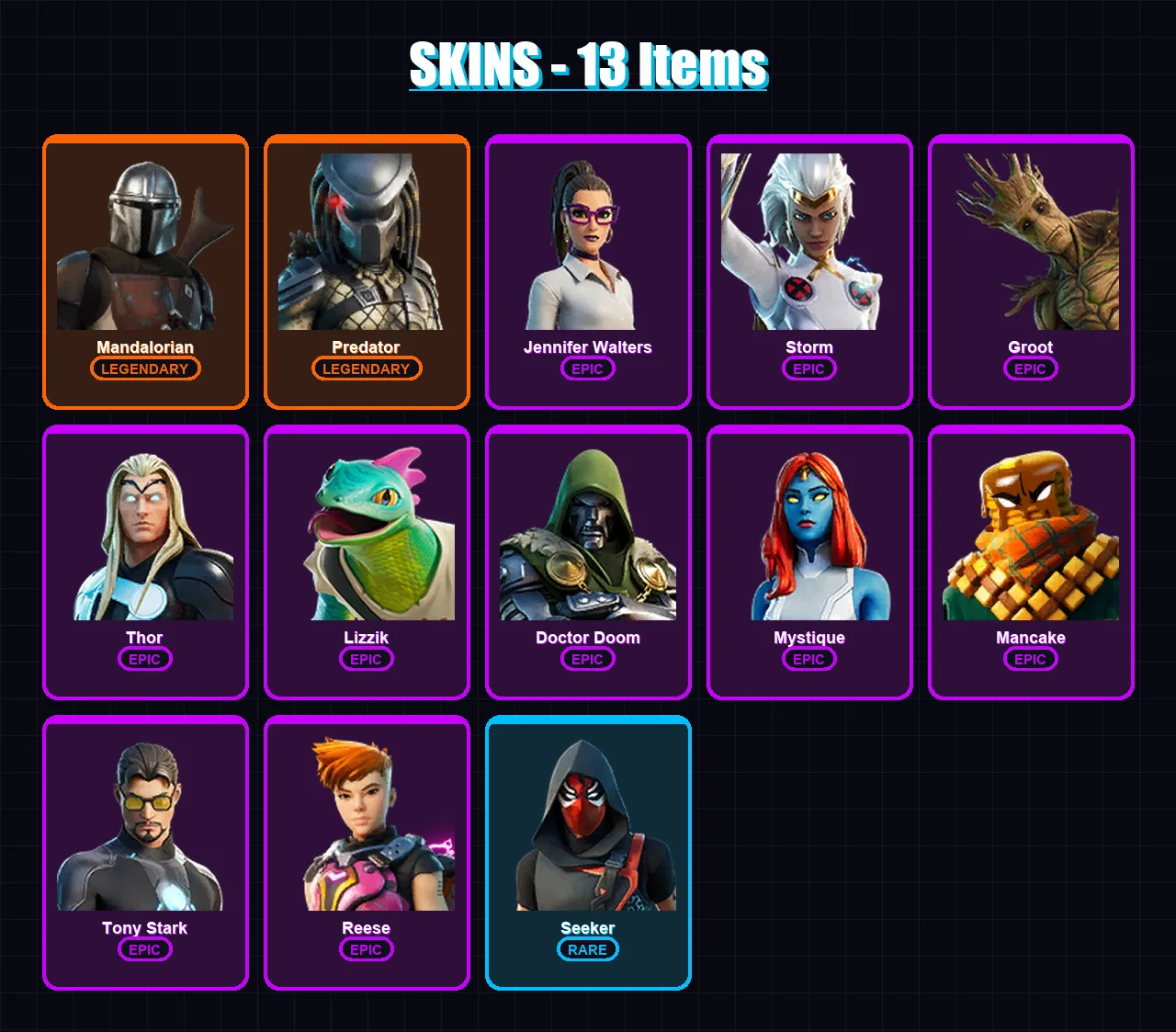 [PC/XBOX/PSN] | Mandalorian | Predator | Jennifer Walters | Storm | Groot | 13 skin | 16 pickaxe | 7 emote | 15 glider | Lv196