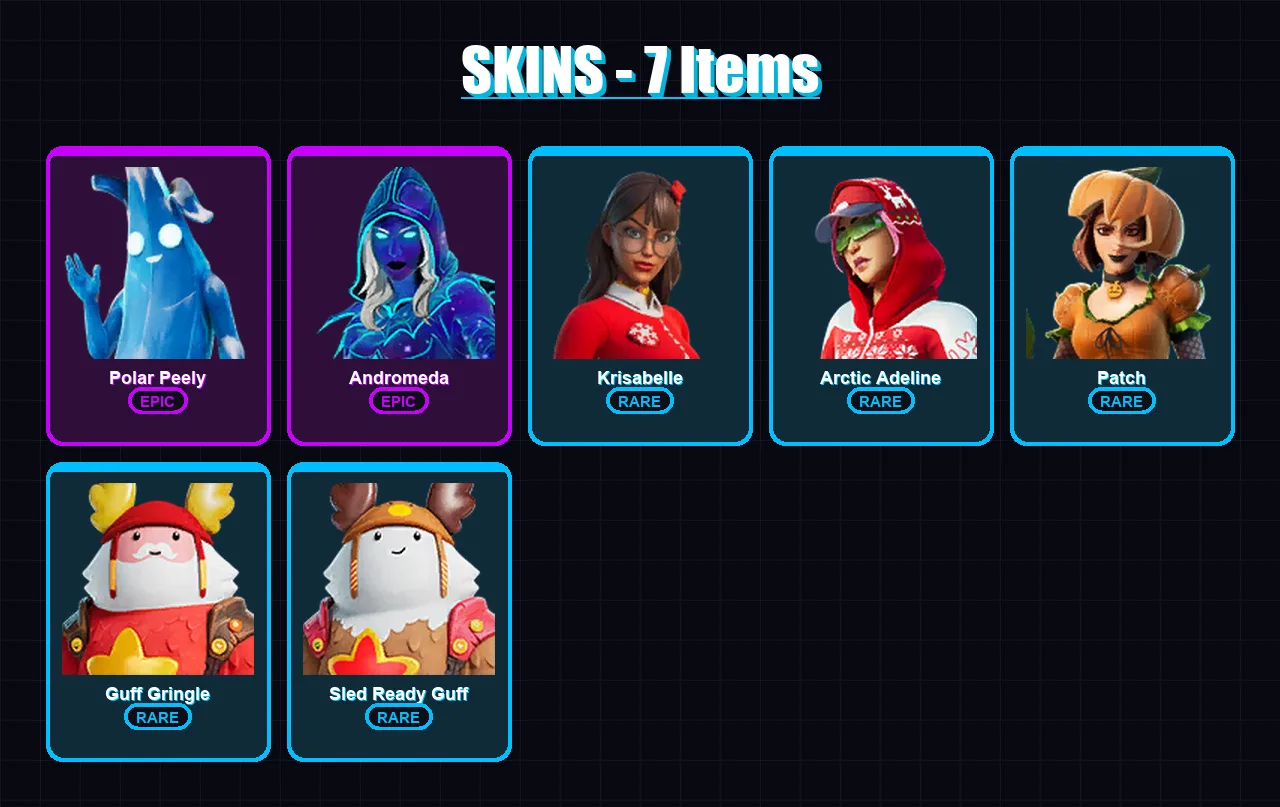 [PC/XBOX/PSN] | Polar Peely | Andromeda | Krisabelle | Arctic Adeline | Patch | 7 skin | 7 pickaxe | 17 emote | 5 glider | Lv32