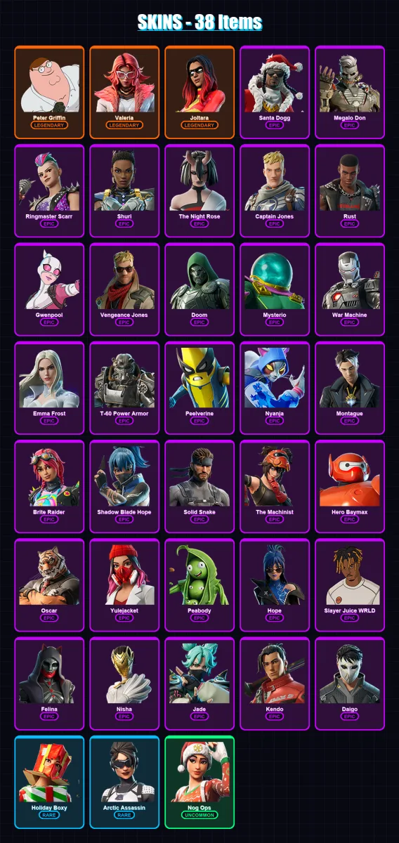 [PC/XBOX/PSN] | Peter Griffin | Valeria | Joltara | Santa Dogg | Megalo Don | 38 skin | 78 pickaxe | 56 emote | 50 glider | Lv1231