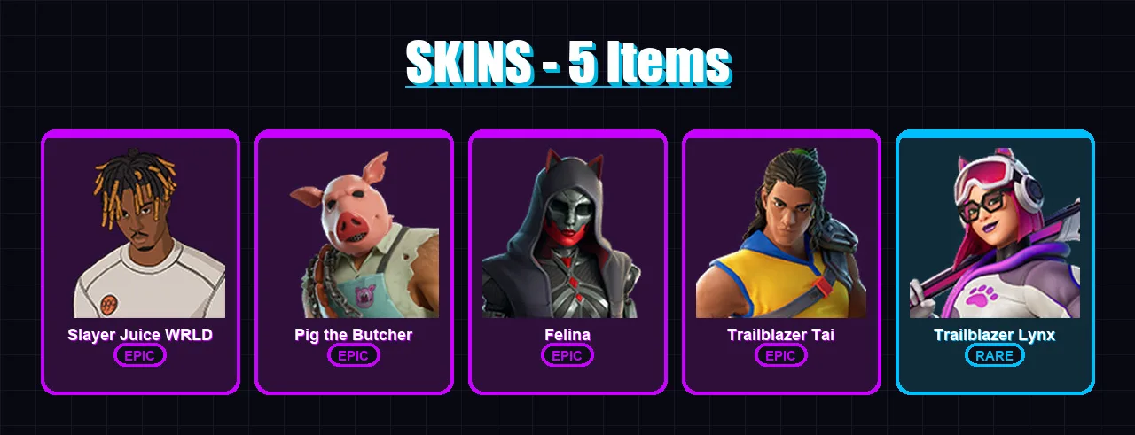 [PC/PSN] | Slayer Juice WRLD | Pig the Butcher | Felina | Trailblazer Tai | Trailblazer Lynx | 5 skin | 39 pickaxe | 19 emote | 23 glider | Lv454
