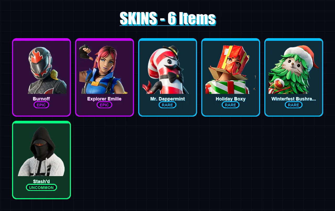 [PC/XBOX/PSN] | Burnoff | Explorer Emilie | Mr. Dappermint | Holiday Boxy | Winterfest Bushranger | 6 skin | 18 pickaxe | 9 emote | 16 glider | Lv23