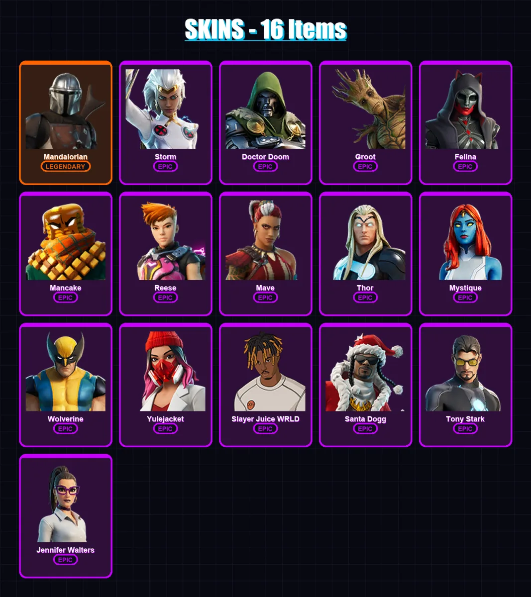 [PC/PSN] | Mandalorian | Storm | Doctor Doom | Groot | Felina | 16 skin | 46 pickaxe | 35 emote | 32 glider | Lv661