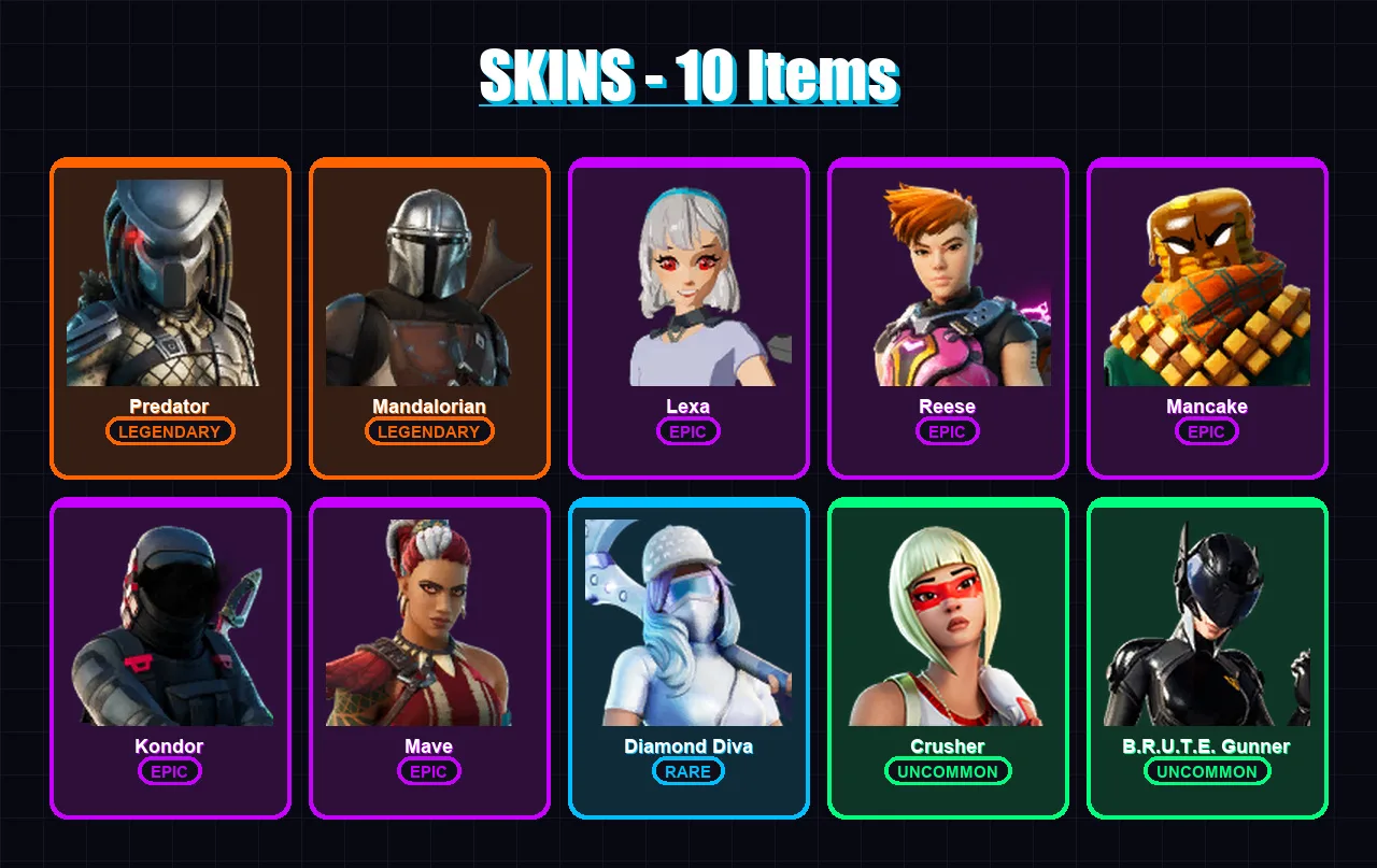 [PC/XBOX/PSN] | Predator | Mandalorian | Lexa | Reese | Mancake | 10 skin | 11 pickaxe | 14 emote | 9 glider | Lv100