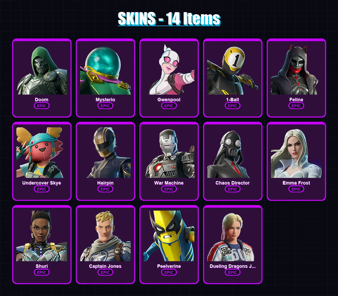 [PC/XBOX/PSN] | Doom | Mysterio | Gwenpool | 1-Ball | Felina | 14 skin | 34 pickaxe | 23 emote | 23 glider | Lv348