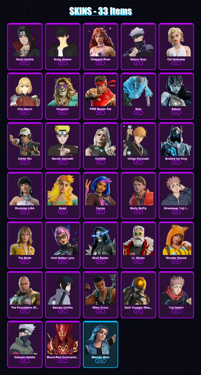 [PC/PSN] | Itachi Uchiha | Sung Jinwoo | Chappell Roan | Satoru Gojo | Cat Holloway | 33 skin | 41 pickaxe | 29 emote | 23 glider | Lv248